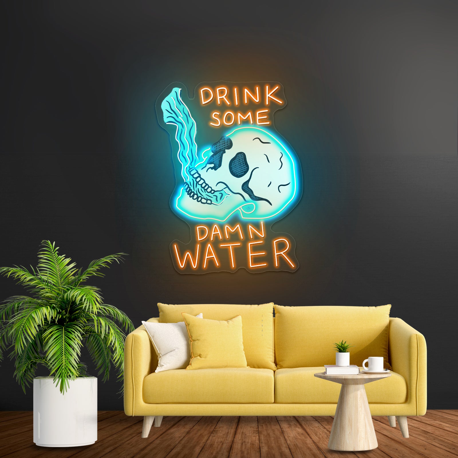 Drink Some Damn Water Skull Neon Bar Signs