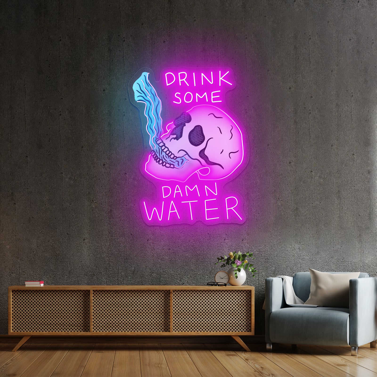 Drink Some Damn Water Skull Neon Bar Signs
