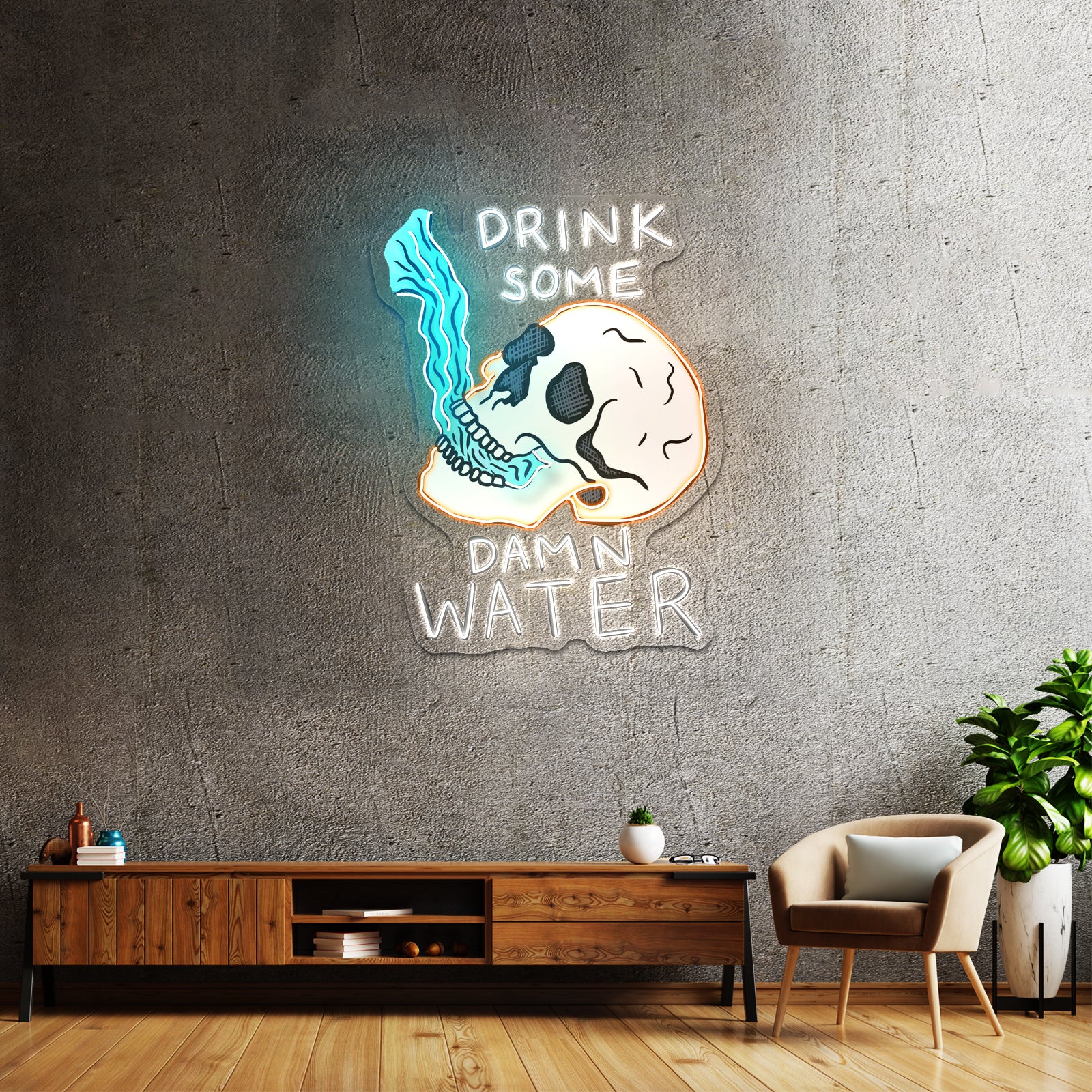 Drink Some Damn Water Skull Neon Bar Signs