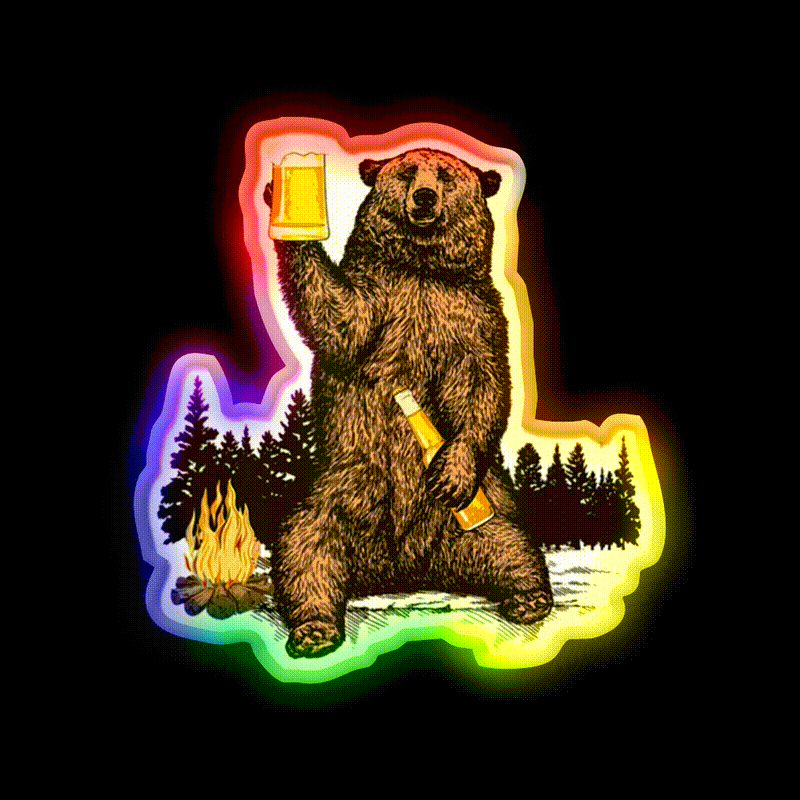 Drinking Beer Camp Fire Woods Grizzly Beer Bar Decor Led Neon Sign Rgb Color - LED neon sign close-up detail