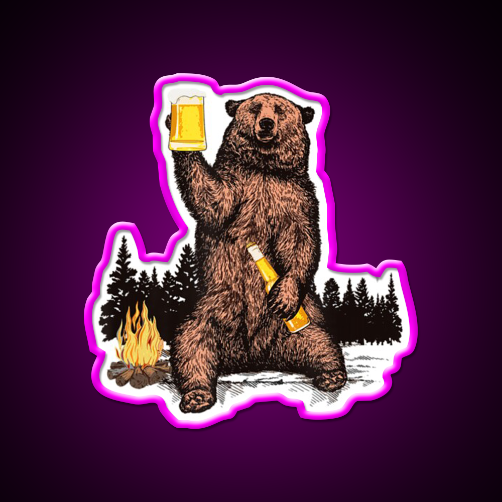 Drinking Beer Camp Fire Woods Grizzly Beer Bar Decor Led Neon Sign Rgb Color - Neon sign mounted on wall in room