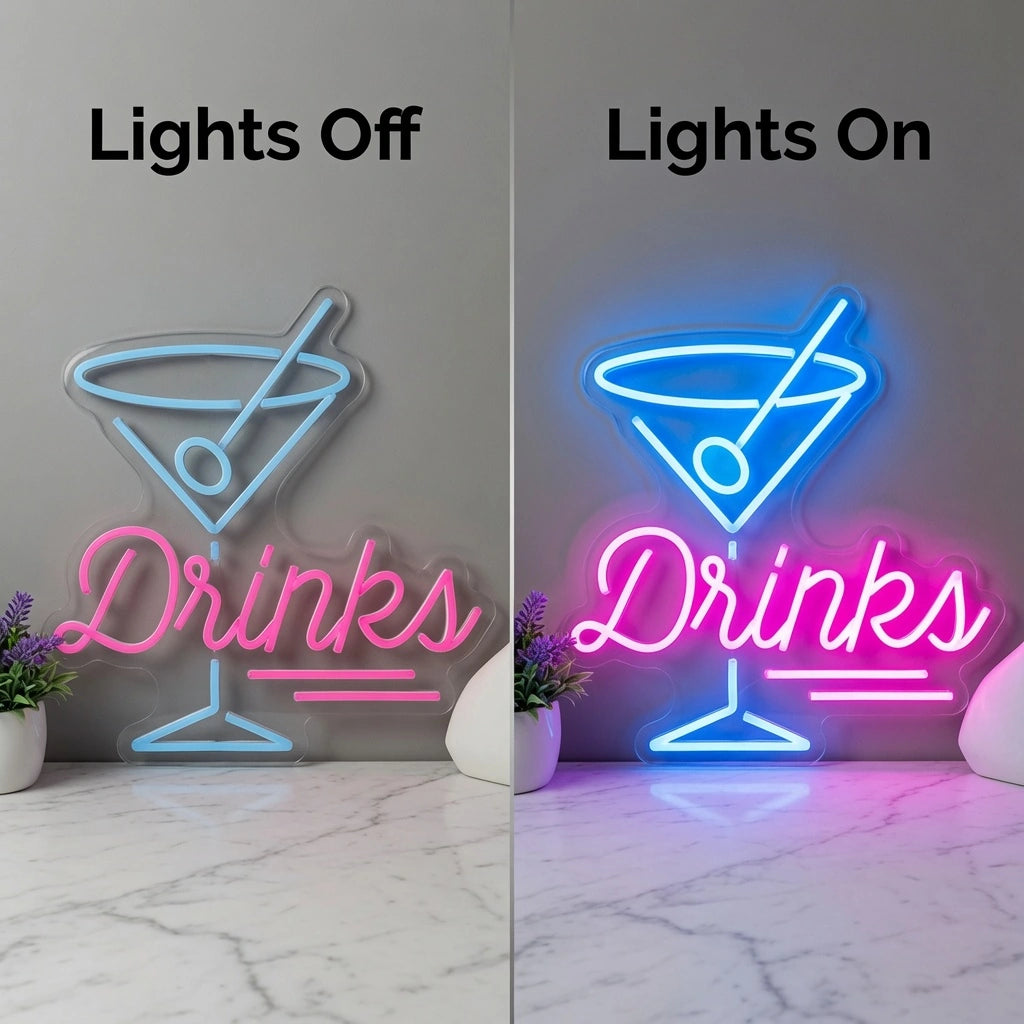 Drinks And An Alcoholic Drink Business LED Neon Sign - 06 Day Night Comparison