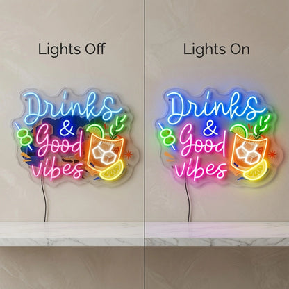 Drinks And Good Vibes LED Neon Sign - 06 Day Night Comparison