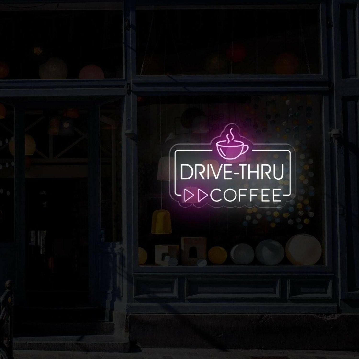 Drive-Thru Coffee Led Neon Sign With White And Purple For Cafe Decor | Shineneon
