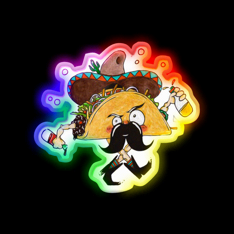 Drunk Taco Character Dancing Hot Sauce Bottles Taco Led Neon Sign Rgb Color - LED neon sign close-up detail