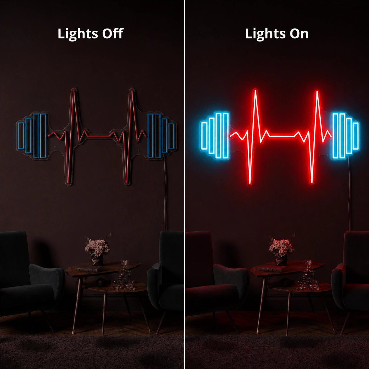 Dumbbell Heartbeat Neon Sign LED Neon Sign day and night comparison