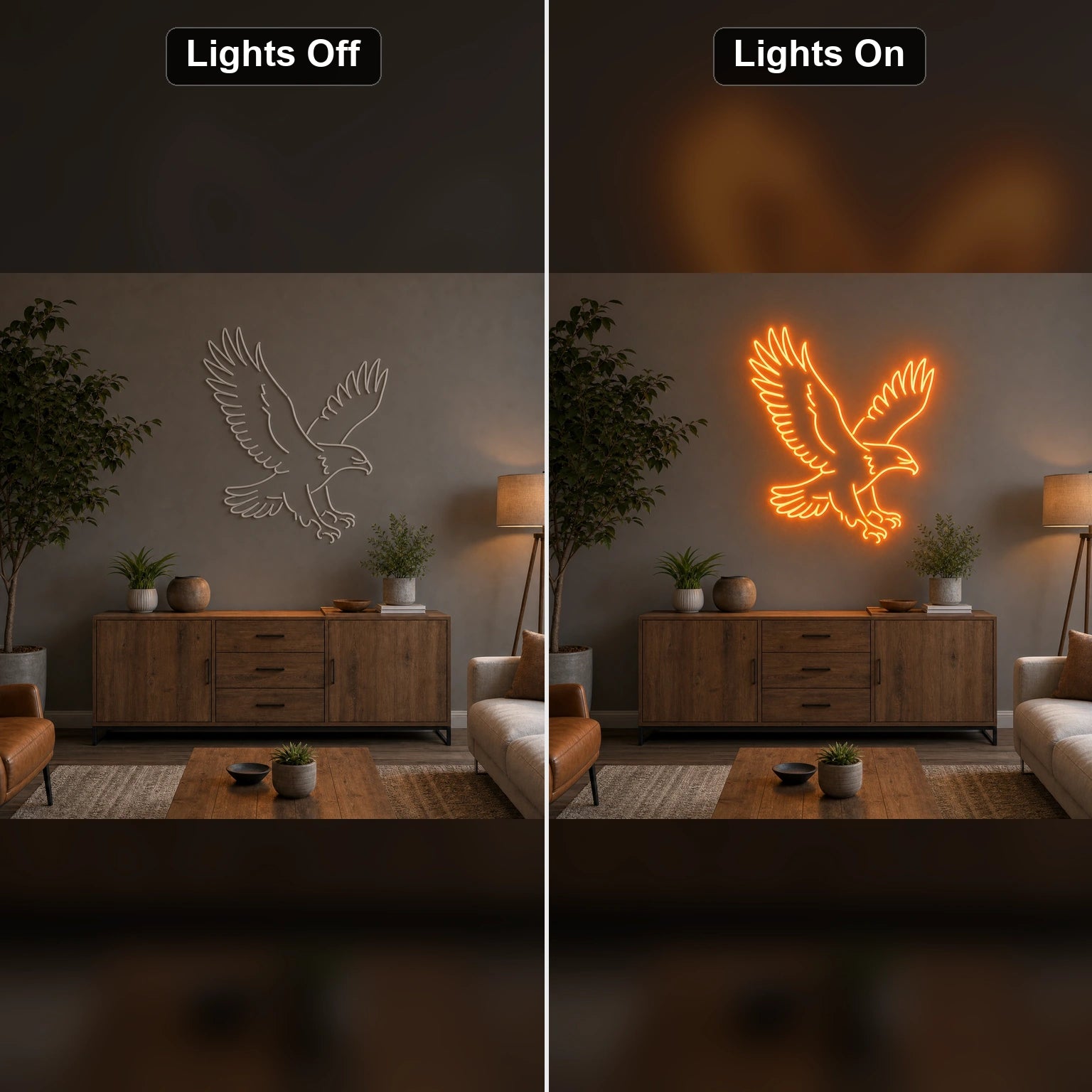 Eagle Bird LED Neon Sign Home Garage Wall Decoration day and night comparison