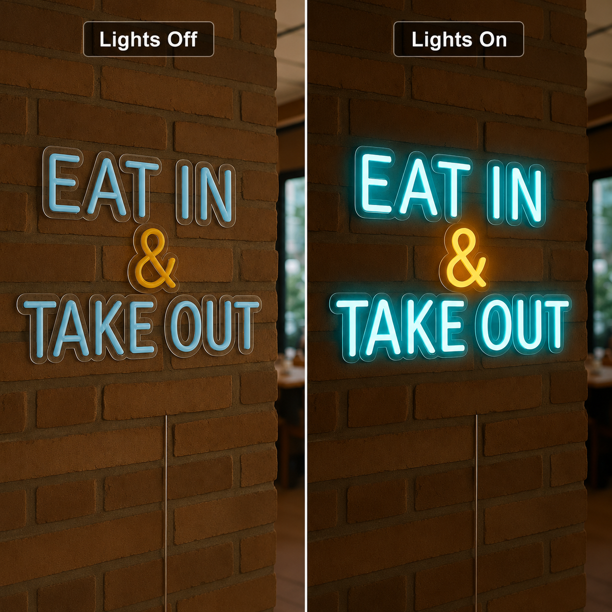 Eat In And Take Out LED Neon Sign - 06 Day Night Comparison