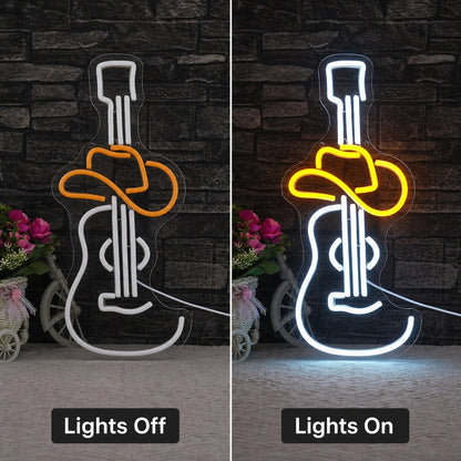 Electric Guitar And Cowboy Hat LED Neon Sign day and night comparison