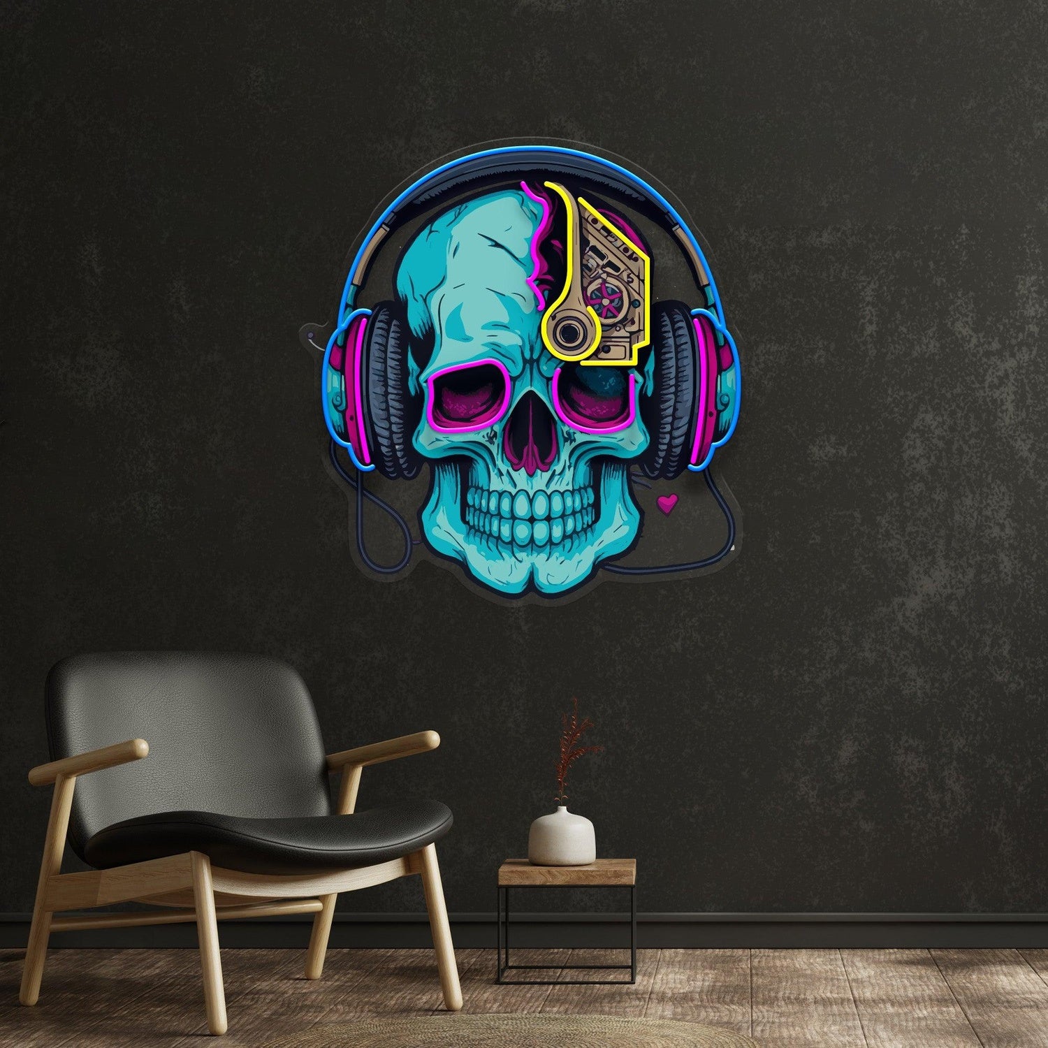 Electric Headphone Skull Uv Printed Led Neon Sign With Blue Pink Yellow | Shineneon
