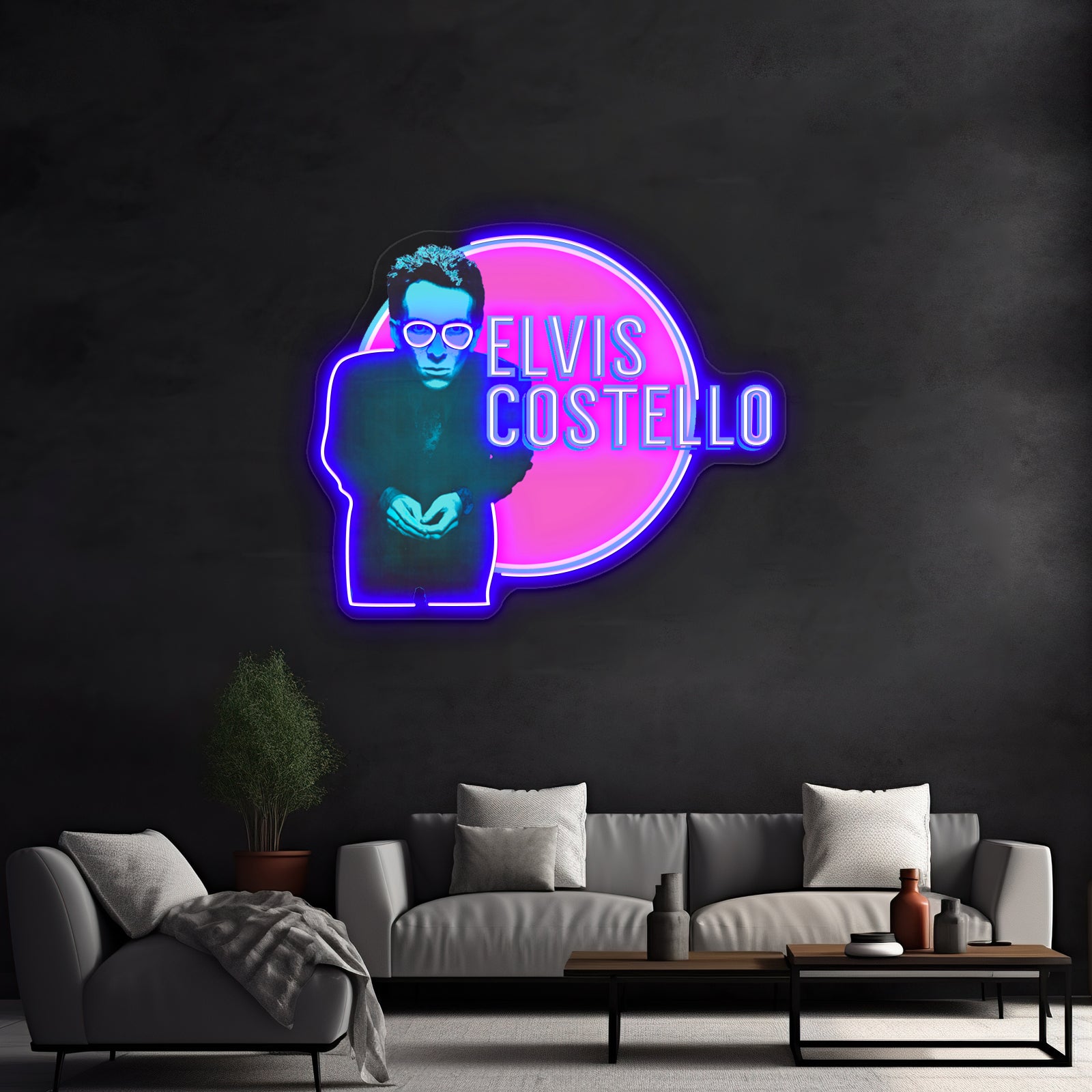 Elvis Costello Pop Artwork Custom Neon Led Sign - Neon sign mounted on wall in room