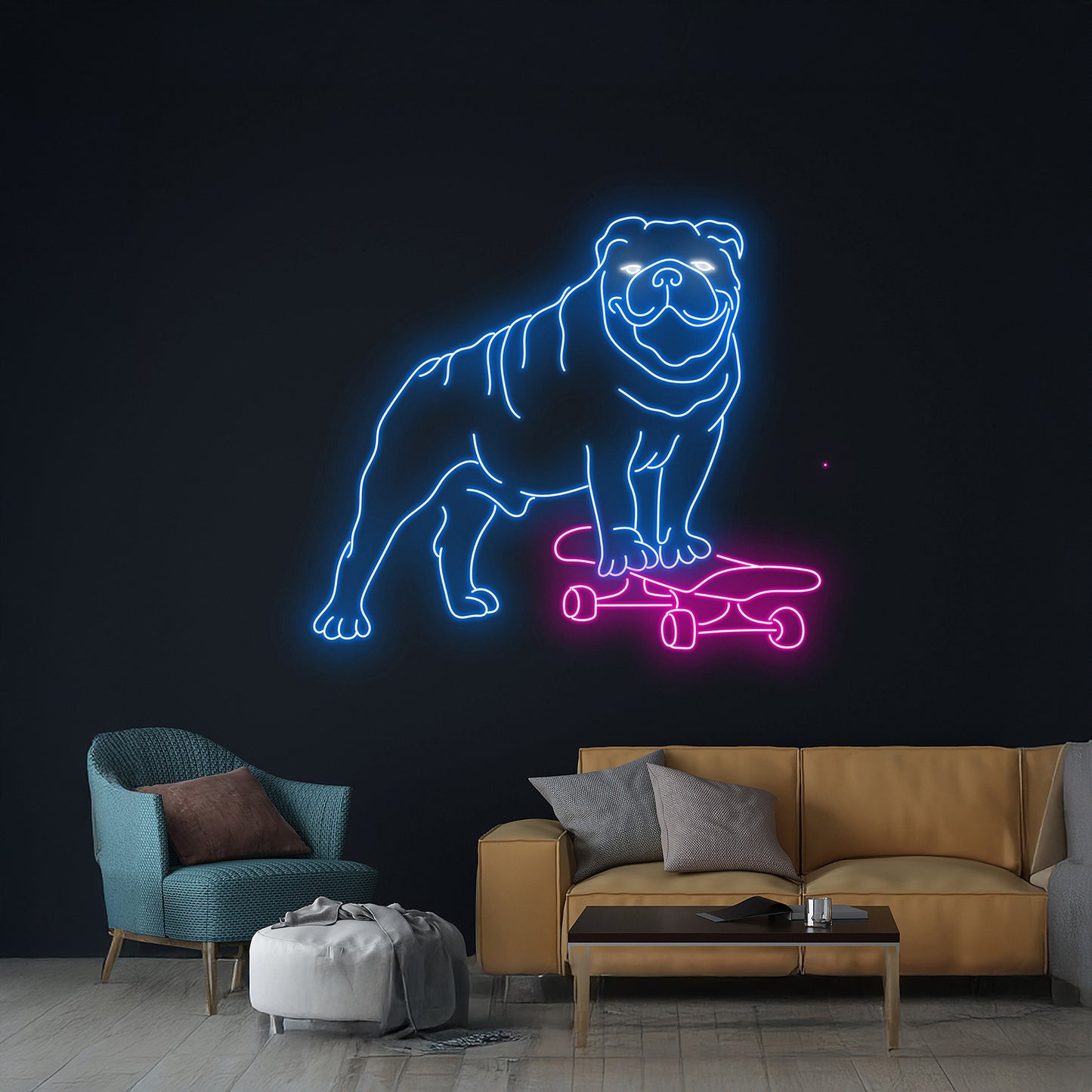 English Bulldog Skateboarding Neon Sign