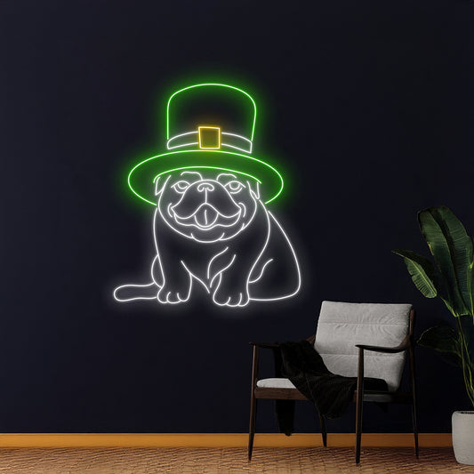 English Bulldog St Patrick Hat Neon Light