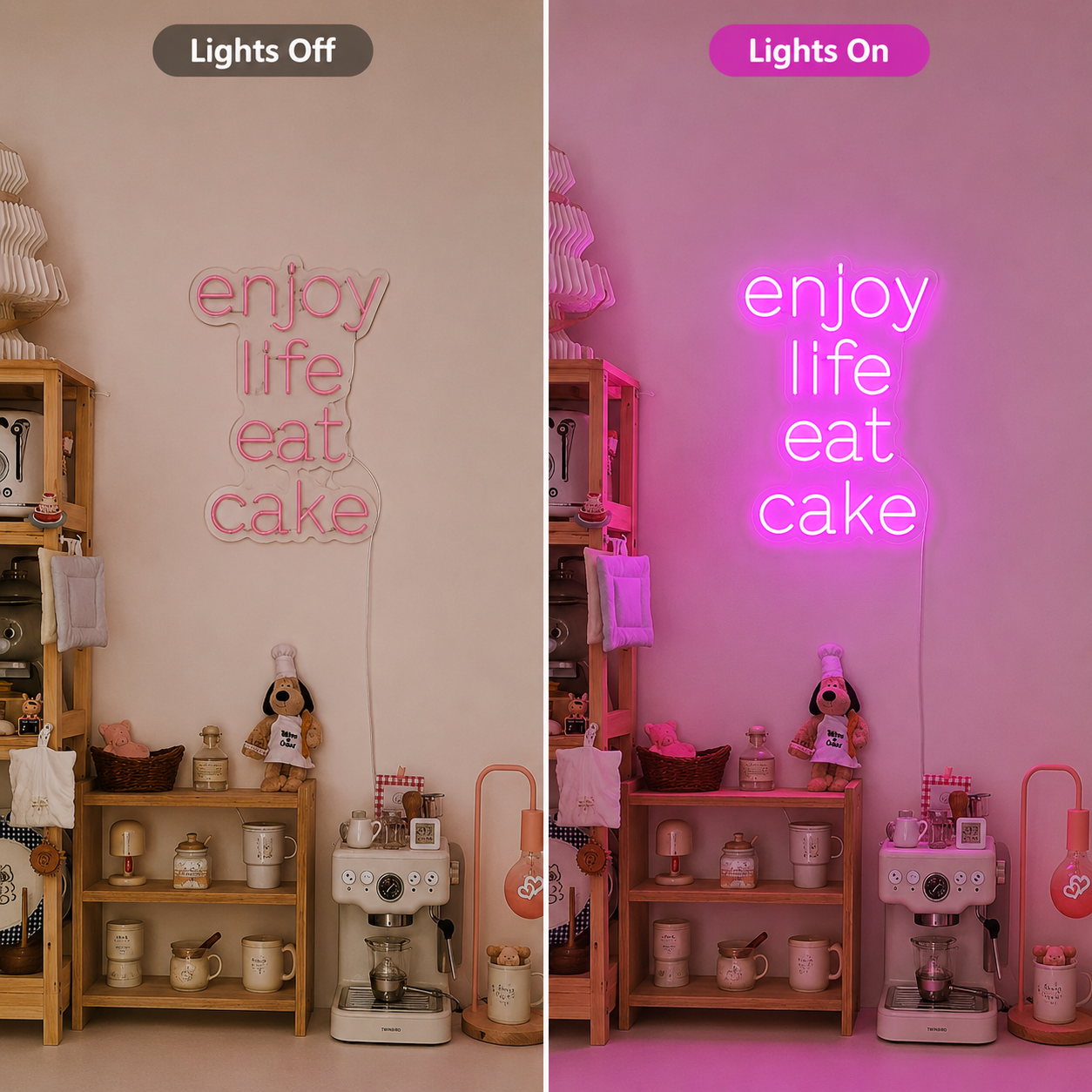 Enjoy Life Eat Cake LED Neon Sign Wall Neon Sign - 06 Day Night Comparison