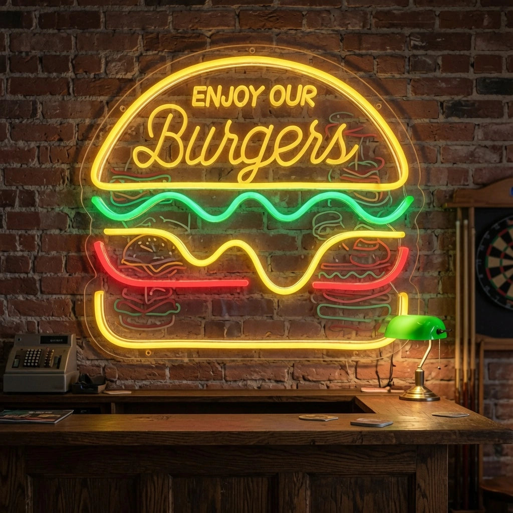 Enjoy Our Burgers Wall Decor LED Neon Sign - 03 Real Lifestyle Scene