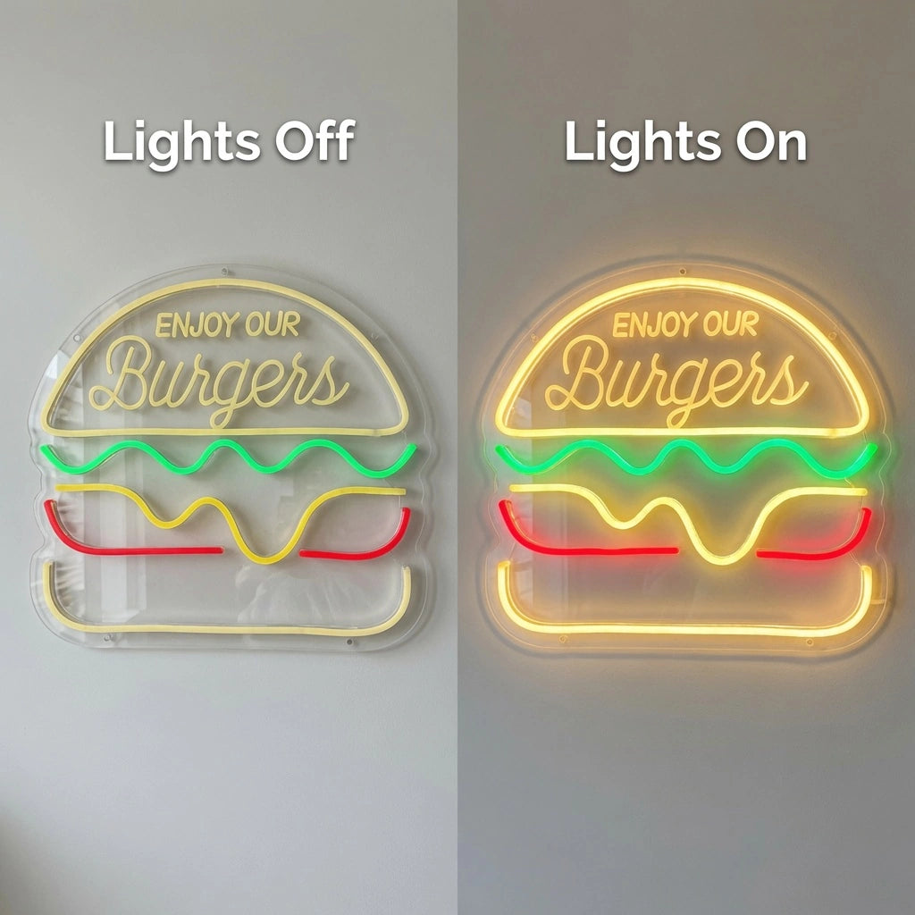 Enjoy Our Burgers Wall Decor LED Neon Sign - 06 Day Night Comparison