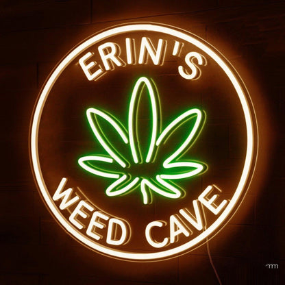 Erins Weed Cave White Green Text Leaf Led Neon Sign For Indoor Shop | Shineneon