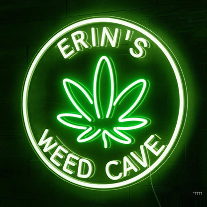 Erins Weed Cave White Green Text Leaf Led Neon Sign For Indoor Shop | Shineneon