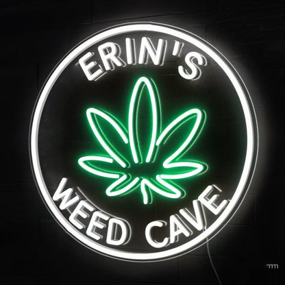 Erins Weed Cave White Green Text Leaf Led Neon Sign For Indoor Shop | Shineneon