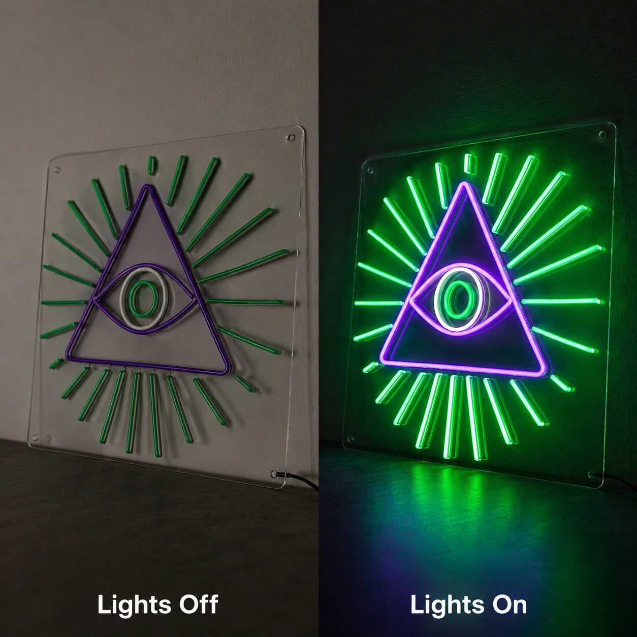 Eye Triangle Neon Sign LED Neon Sign day and night comparison