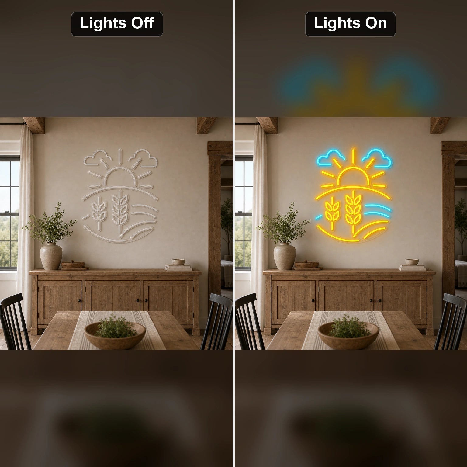 Farm Field Wheat LED Neon Sign Home Garage Wall Decoration day and night comparison