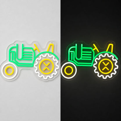 Farm Tractor Gear Wheel Vintage LED Neon Sign day and night comparison