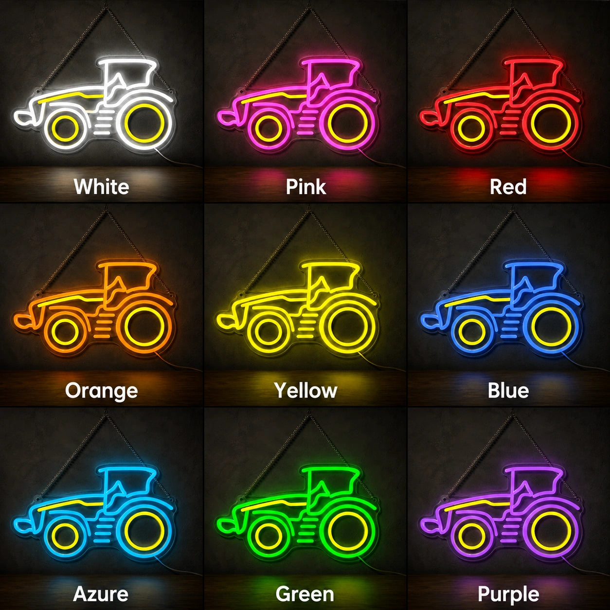 Farm Tractor LED Neon Sign day and night comparison