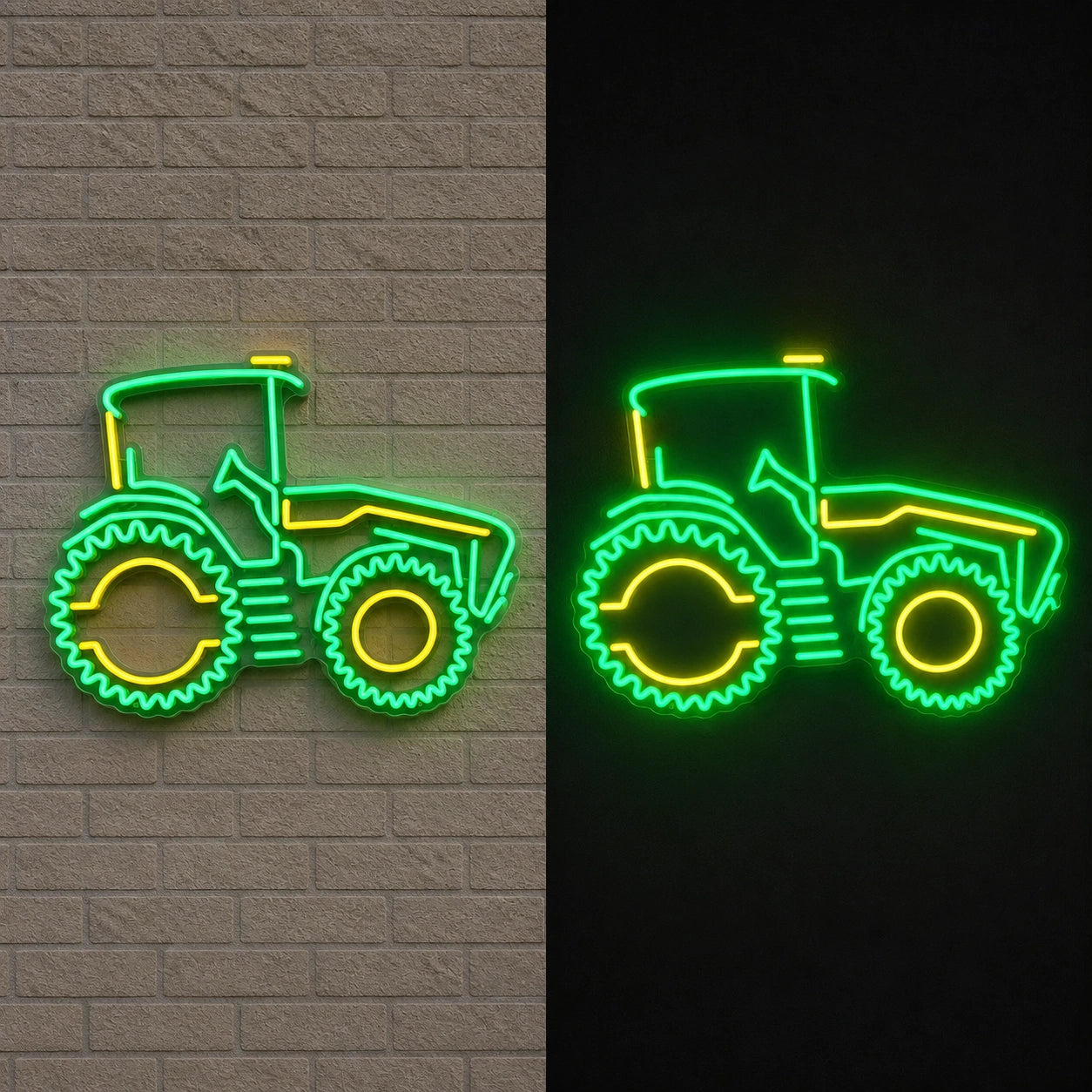 Farm Tractor Outline Vintage LED Neon Sign day and night comparison