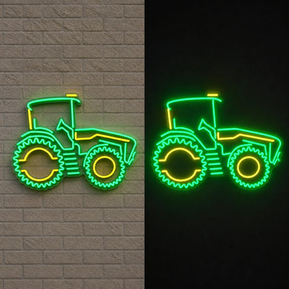Farm Tractor Outline Vintage LED Neon Sign day and night comparison