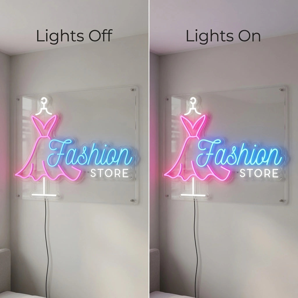 Fashion Store LED Neon Sign - 06 Day Night Comparison