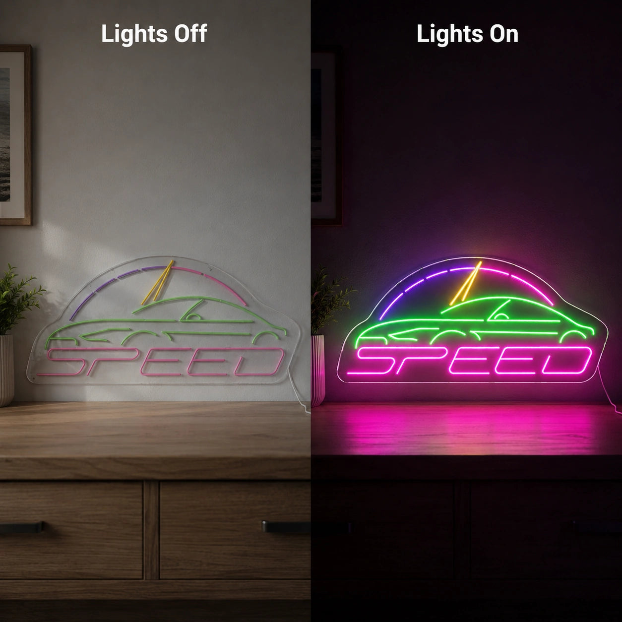 Fast Speed Car Neon Sign LED Neon Sign day and night comparison