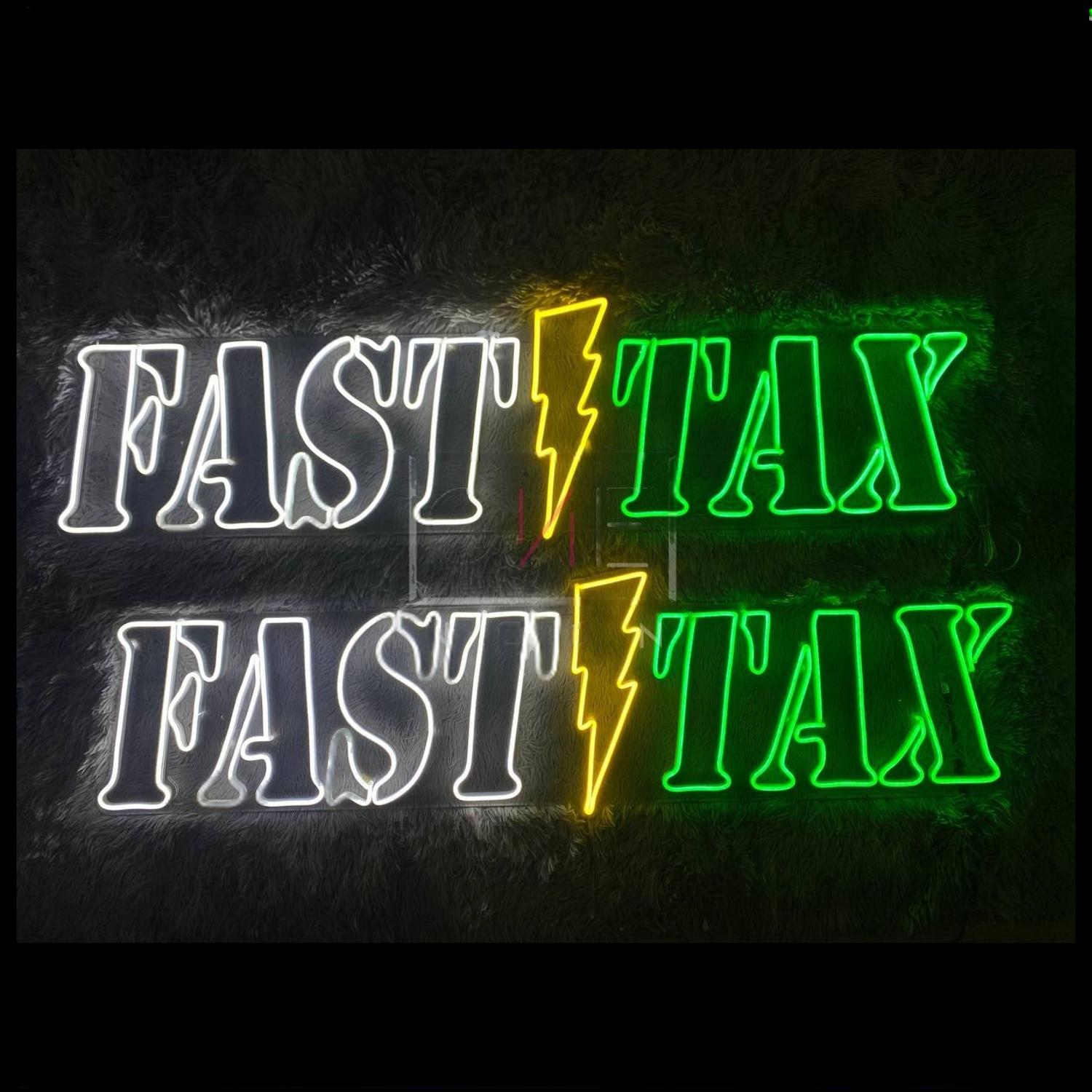 Fast Tax White Green Led Neon Sign With Yellow Lightning For Business Decor | Shineneon