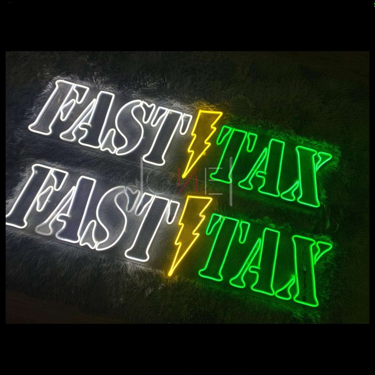 Fast Tax White Green Led Neon Sign With Yellow Lightning For Business Decor | Shineneon