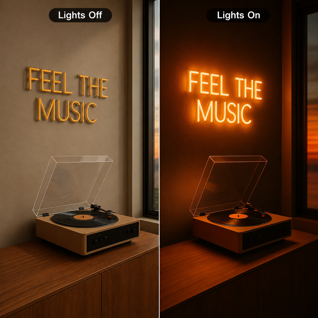 Feel The Music LED Neon Sign - 06 Day Night Comparison