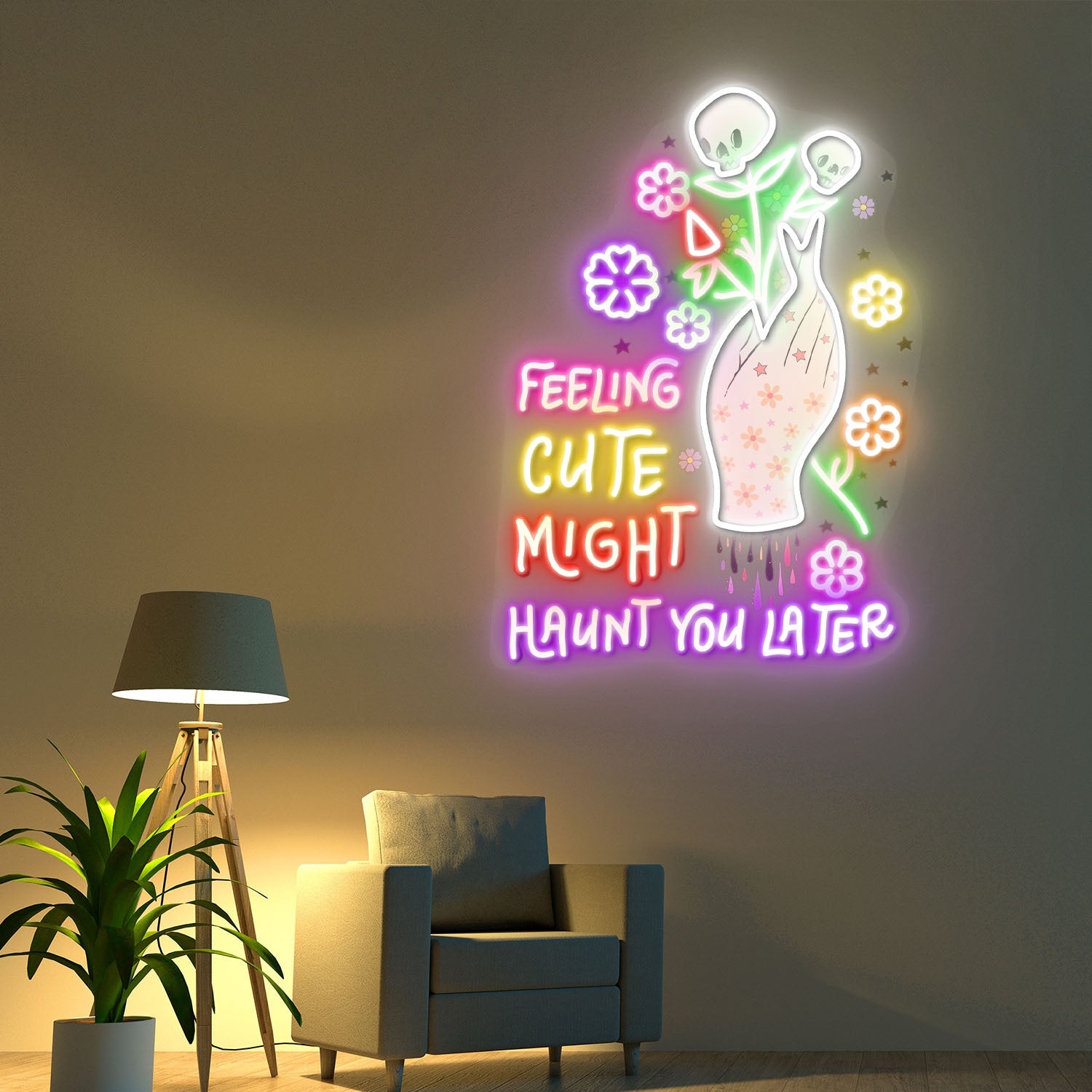 Feeling Cute Might Haunt You Later Skull Flower Halloween Acrylic Led Neon Sign | Shineneon