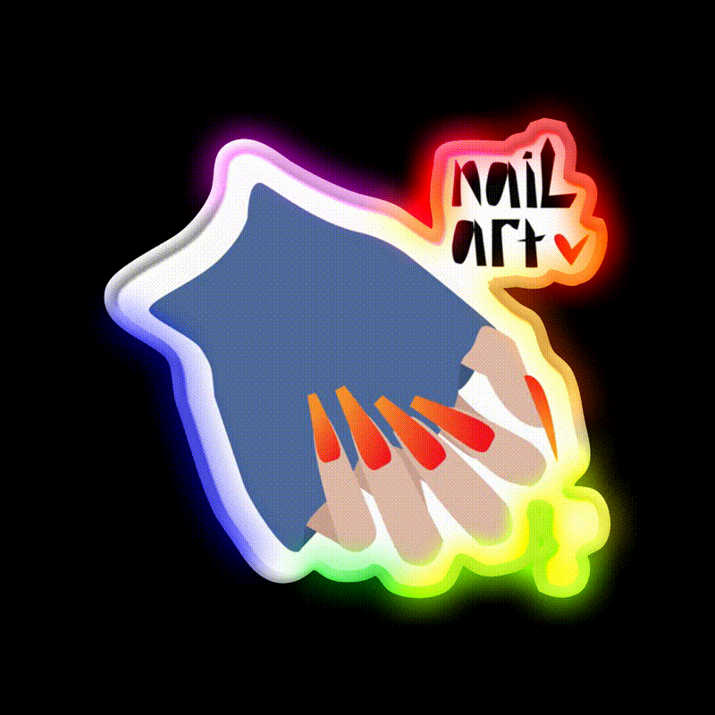 Female Hand With Dinnail Salon Led Neon Sign Rgb Color - LED neon sign close-up detail