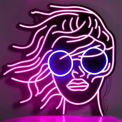 Female Headshot With Sunglasses Neon Black Backsplash | Shineneon
