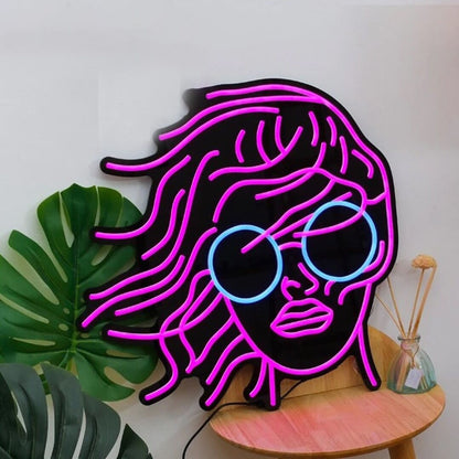 Female Headshot With Sunglasses Neon Black Backsplash | Shineneon