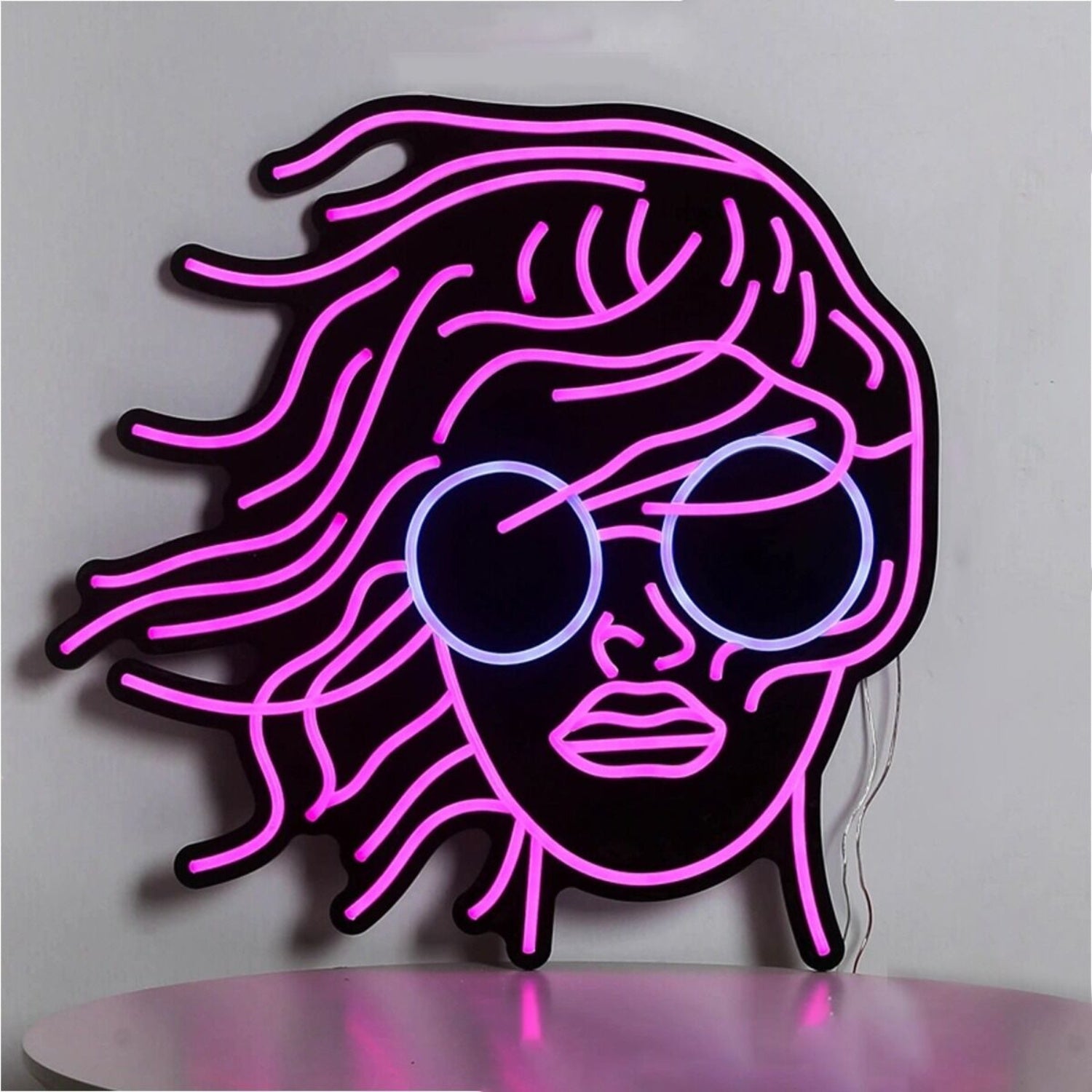 Female Headshot With Sunglasses Neon Black Backsplash | Shineneon