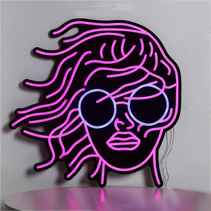 Female Headshot With Sunglasses Neon Black Backsplash | Shineneon