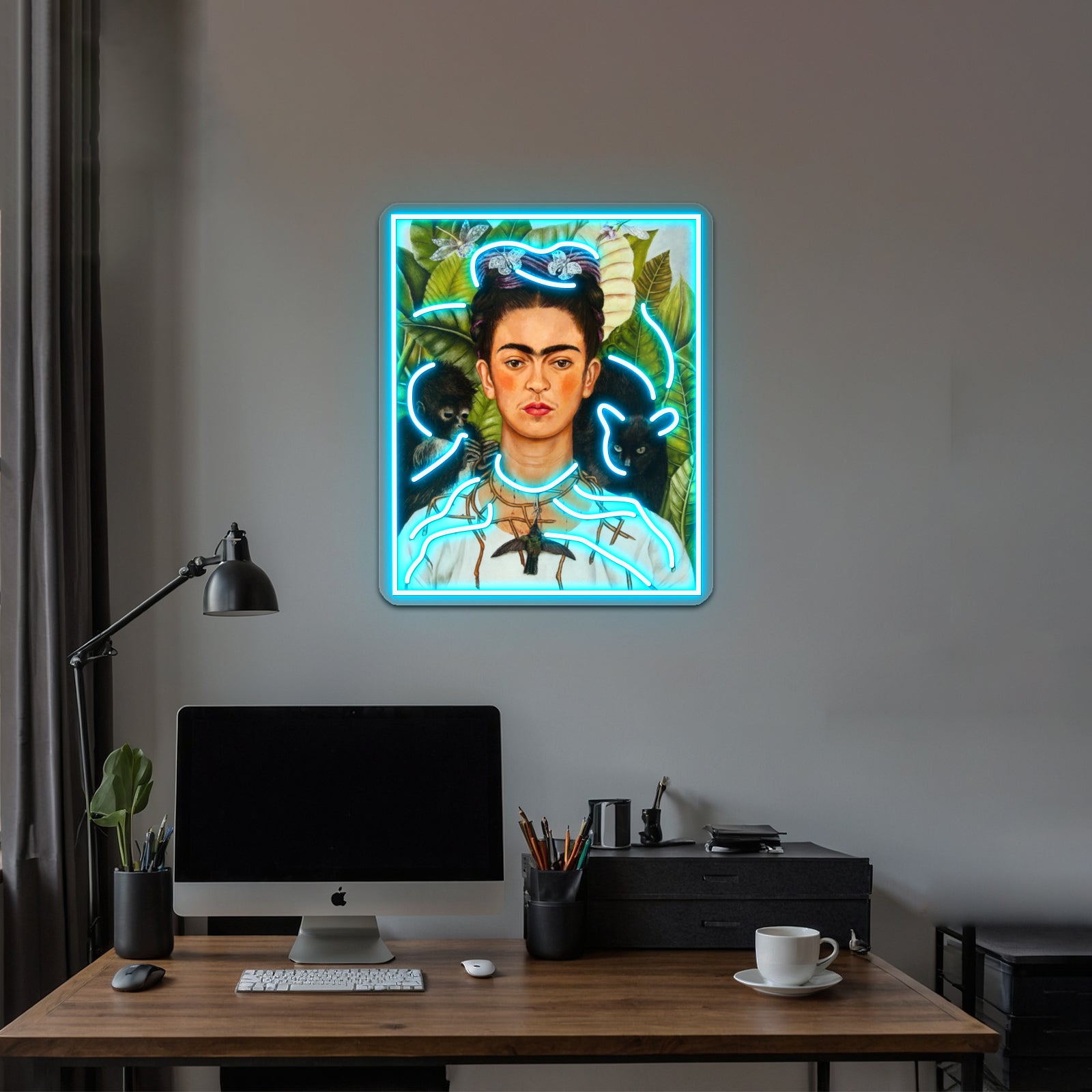 Female Portrait Painting With Leaves And Monkeys Artwork Neon Led Sign | Shineneon