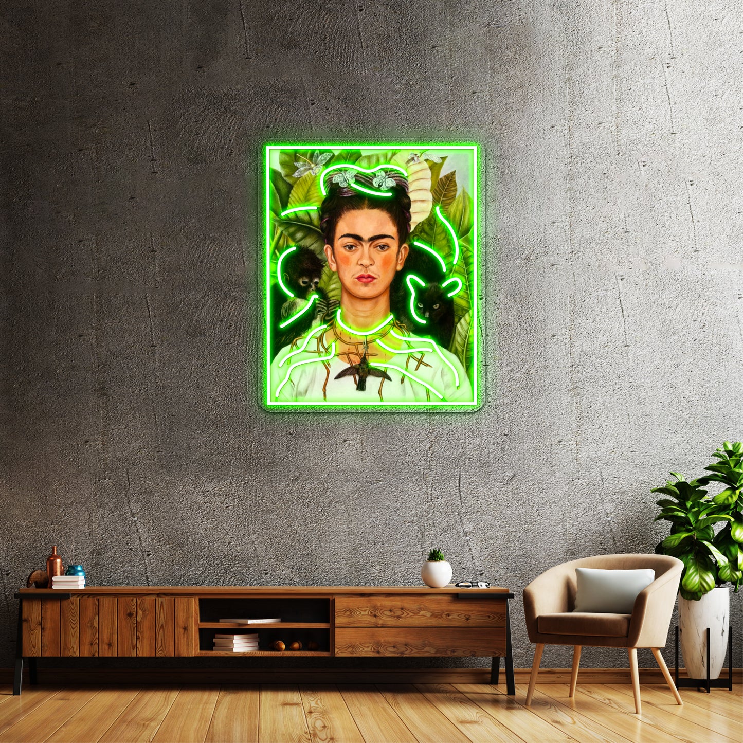 Female Portrait Painting With Leaves And Monkeys Artwork Neon Led Sign