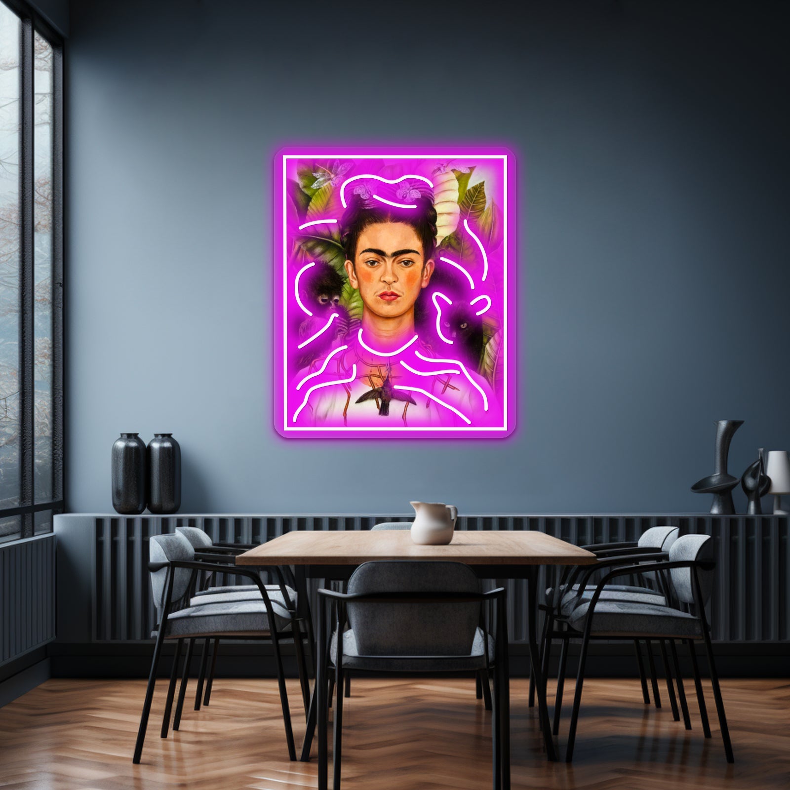 Female Portrait Painting With Leaves And Monkeys Artwork Neon Led Sign | Shineneon