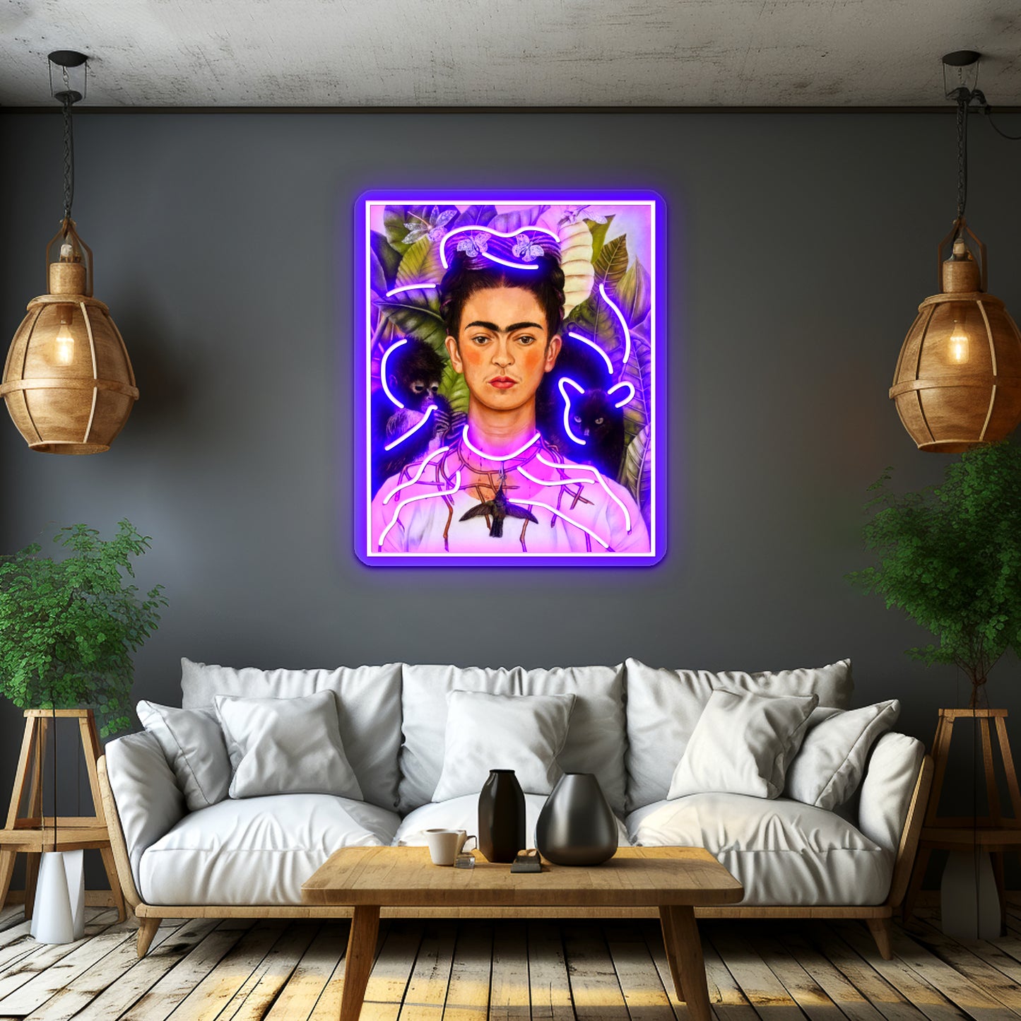 Female Portrait Painting With Leaves And Monkeys Artwork Neon Led Sign