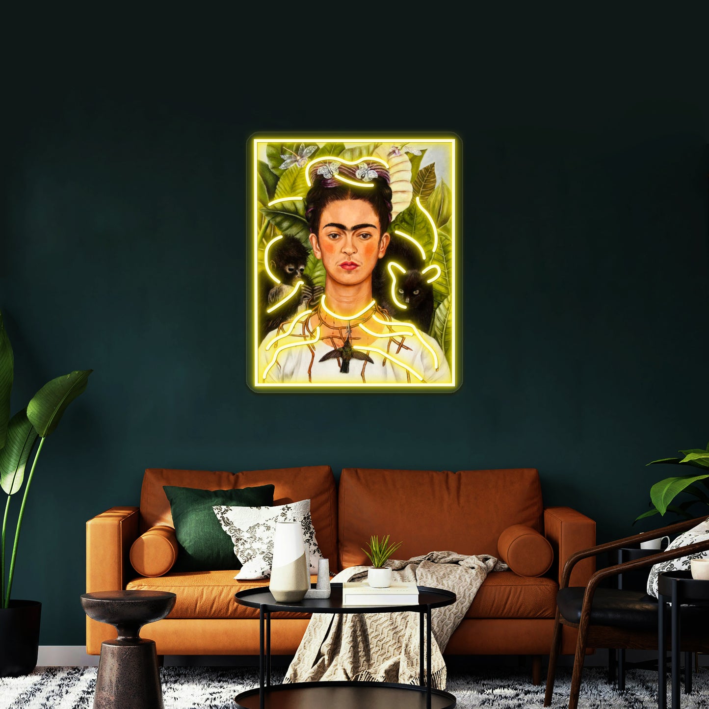 Female Portrait Painting With Leaves And Monkeys Artwork Neon Led Sign