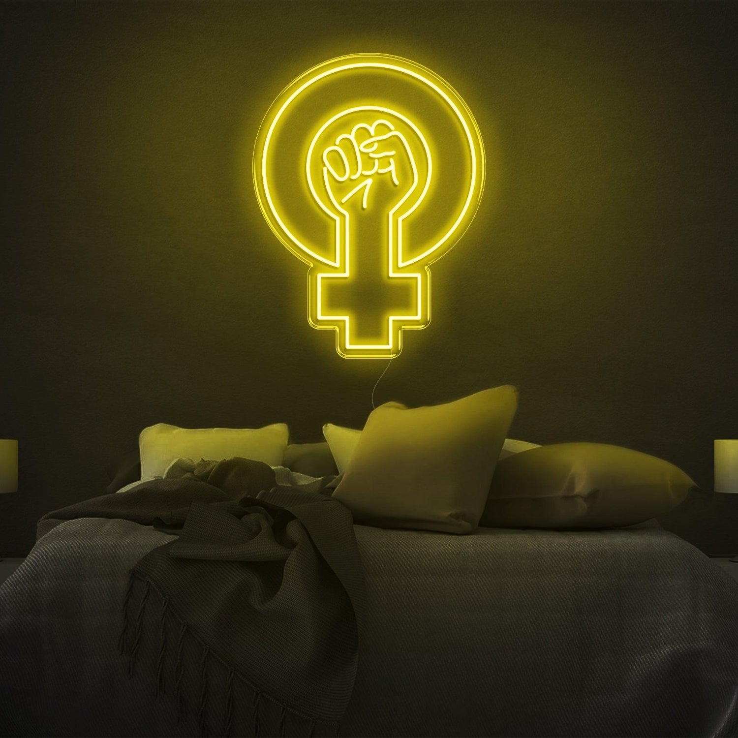 Feminist Yellow Fist And Female Symbol Led Neon Sign For Bedroom Wall | Shineneon