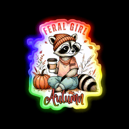 Feral Girl Autumn Raccoon Cafe Led Neon Sign Espresso Bar Art Rgb Color