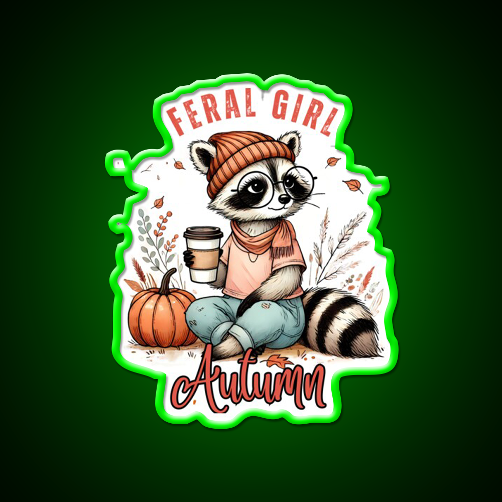 Feral Girl Autumn Raccoon Cafe Led Neon Sign Espresso Bar Art Rgb Color