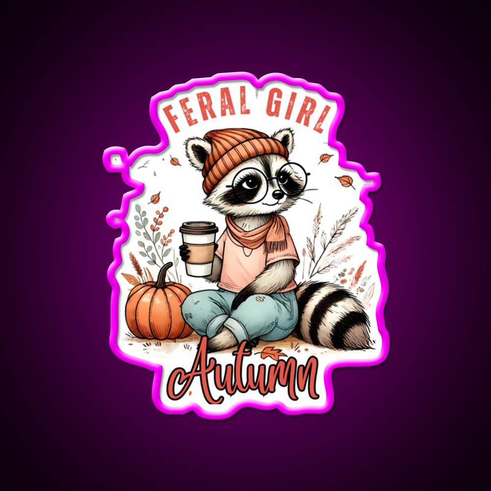 Feral Girl Autumn Raccoon Cafe Led Neon Sign Espresso Bar Art Rgb Color