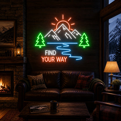 Find Your Way Mountains Trees Vintage LED Neon Sign real lifestyle scene